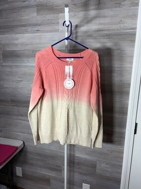 Umgee Coral to Cream Ombre Cable Crewneck Sweater 2119